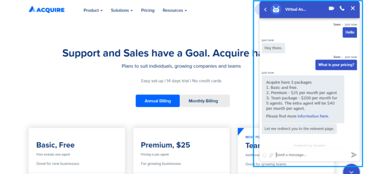 Acquire的AI聊天机器人软件示例，可帮助客户获取定价信息。
